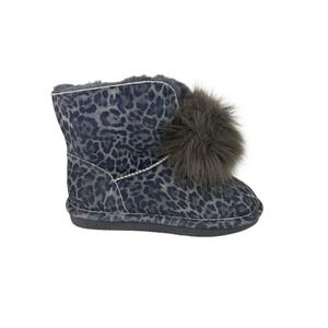 BEARPAW Libby Suede Sheepskin Pom Pom Boot Gray Animal Print Women's Size 7